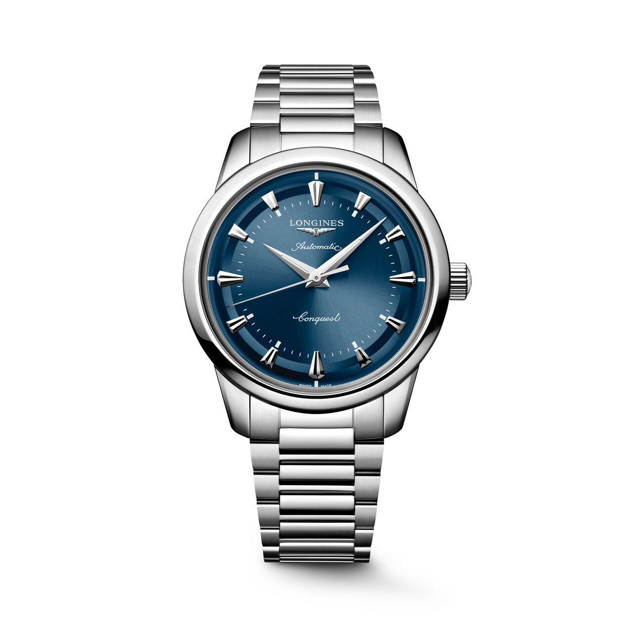 Front view of round stainless steel watch with blue dial, silver hands, and stainless steel strap image number 0